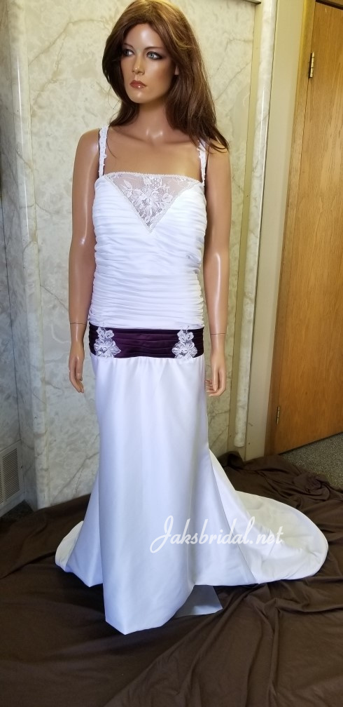 white dress with grape trim