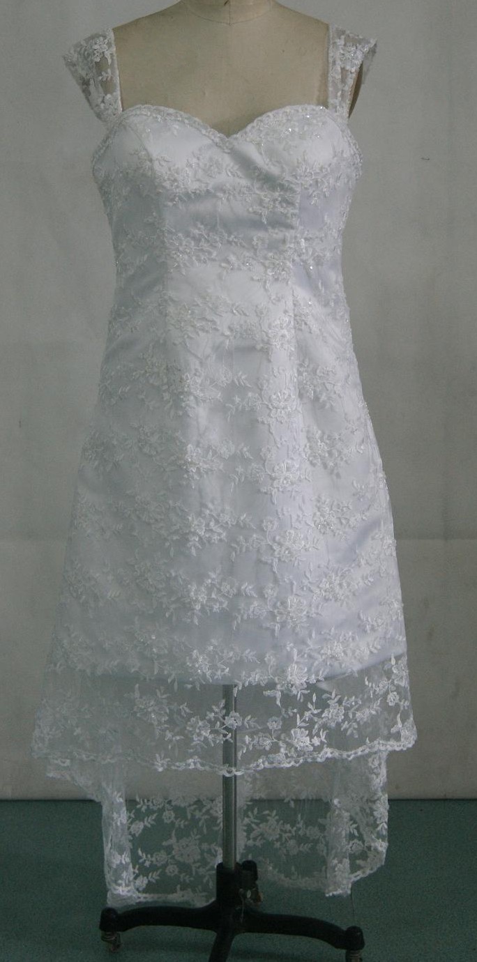 Customized sheer lace high low wedding gown