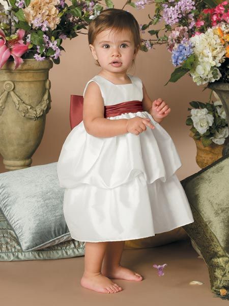 sleeveless infant tea length flower girl dress with contrasting sash