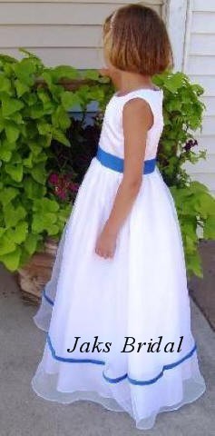 Long White Flower girl dress with blue