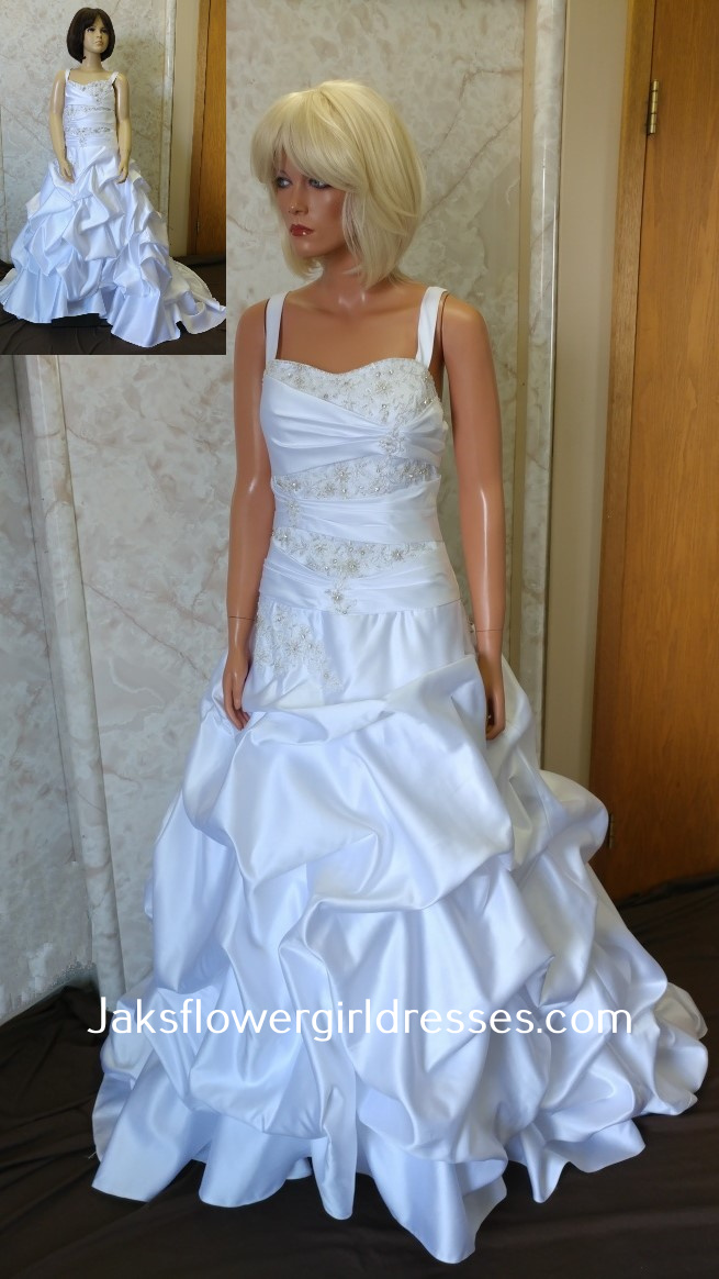 White satin wedding dress and matching flower girl dress