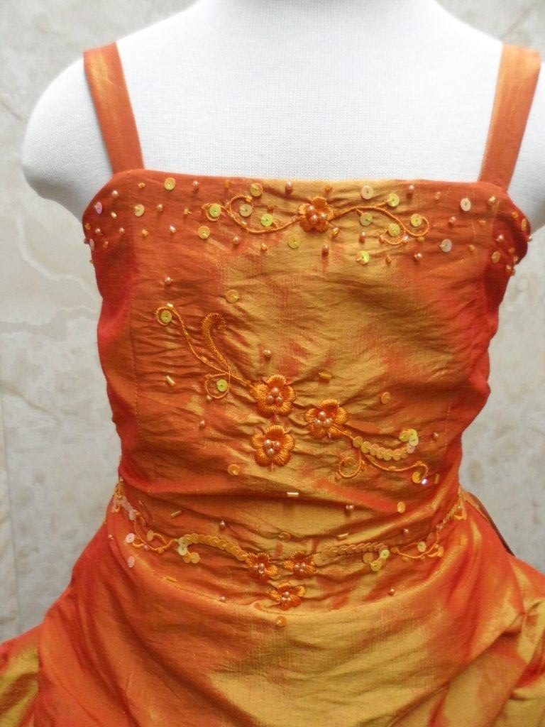 orange hi low flower girl dresses with fancy pickup skirt