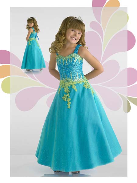 Girls sweetheart pageant gown in blue and lime