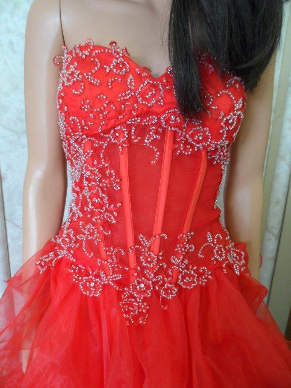 red beaded applique see thru bodice gown