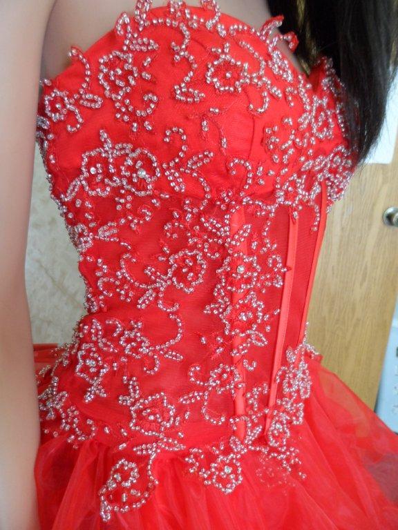 red beaded applique see thru bodice gown
