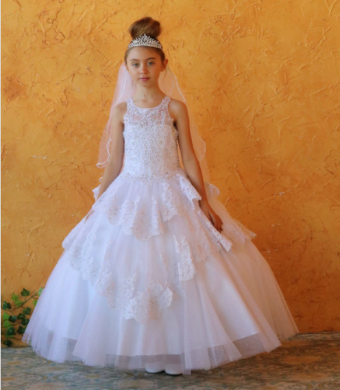 white lace communion ball gown