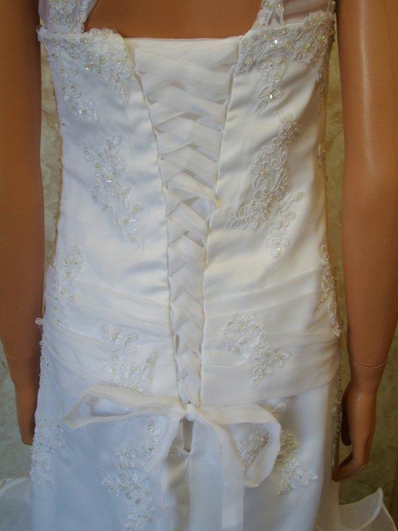 Pearl and beaded applique lace up wedding gown