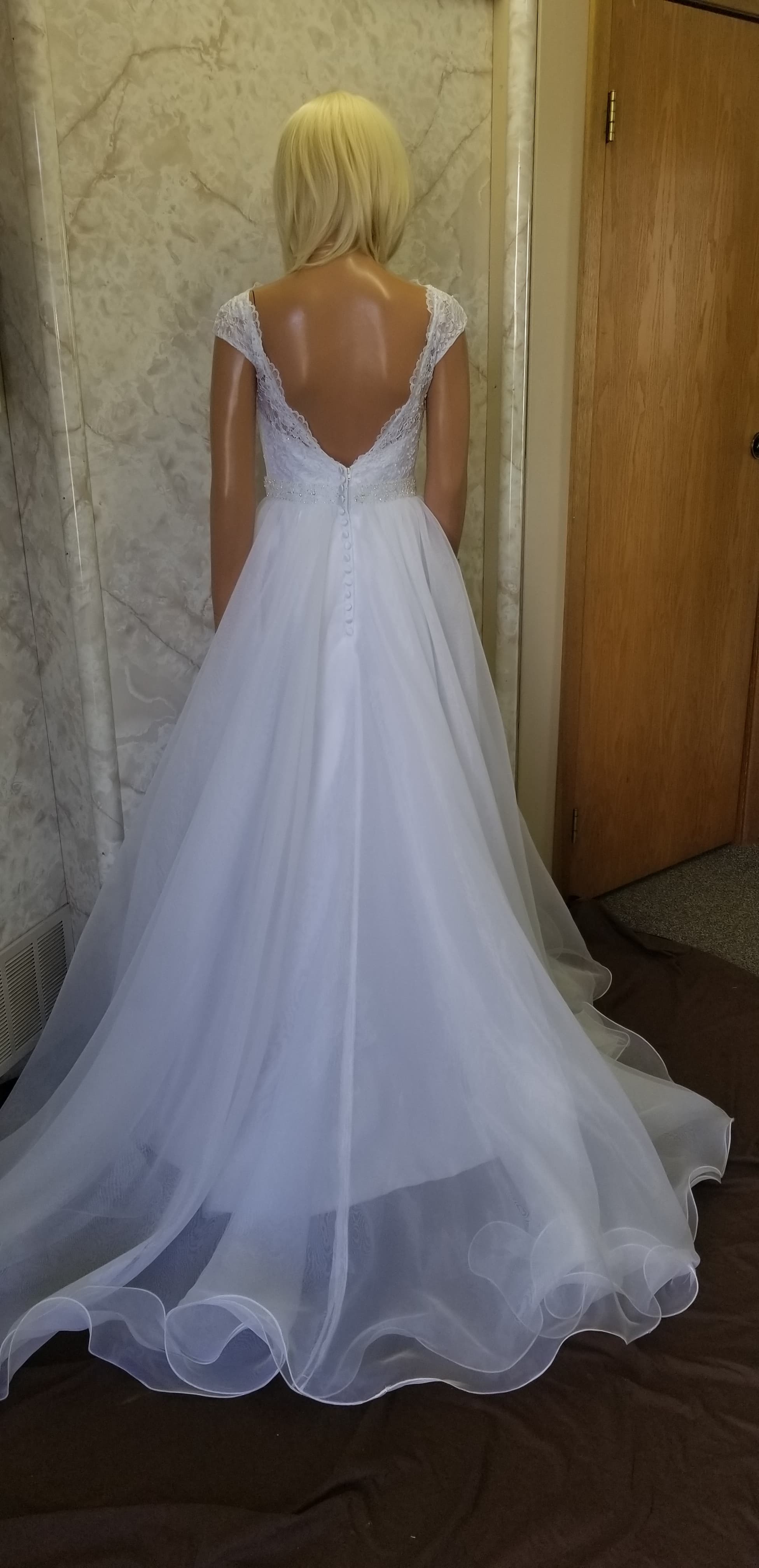 An a-line organza gown with wired hemline, low cut back