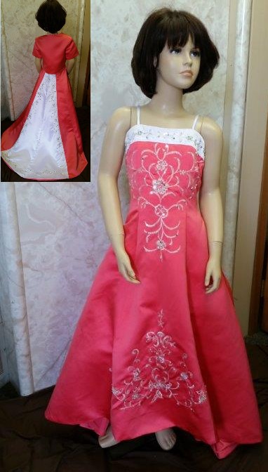 coral and white flower girl dress with train