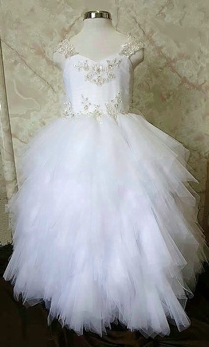 Long tulle tiered flower girl dress with corset lace up back