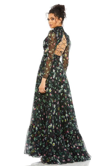 Black high neck floral evening dress