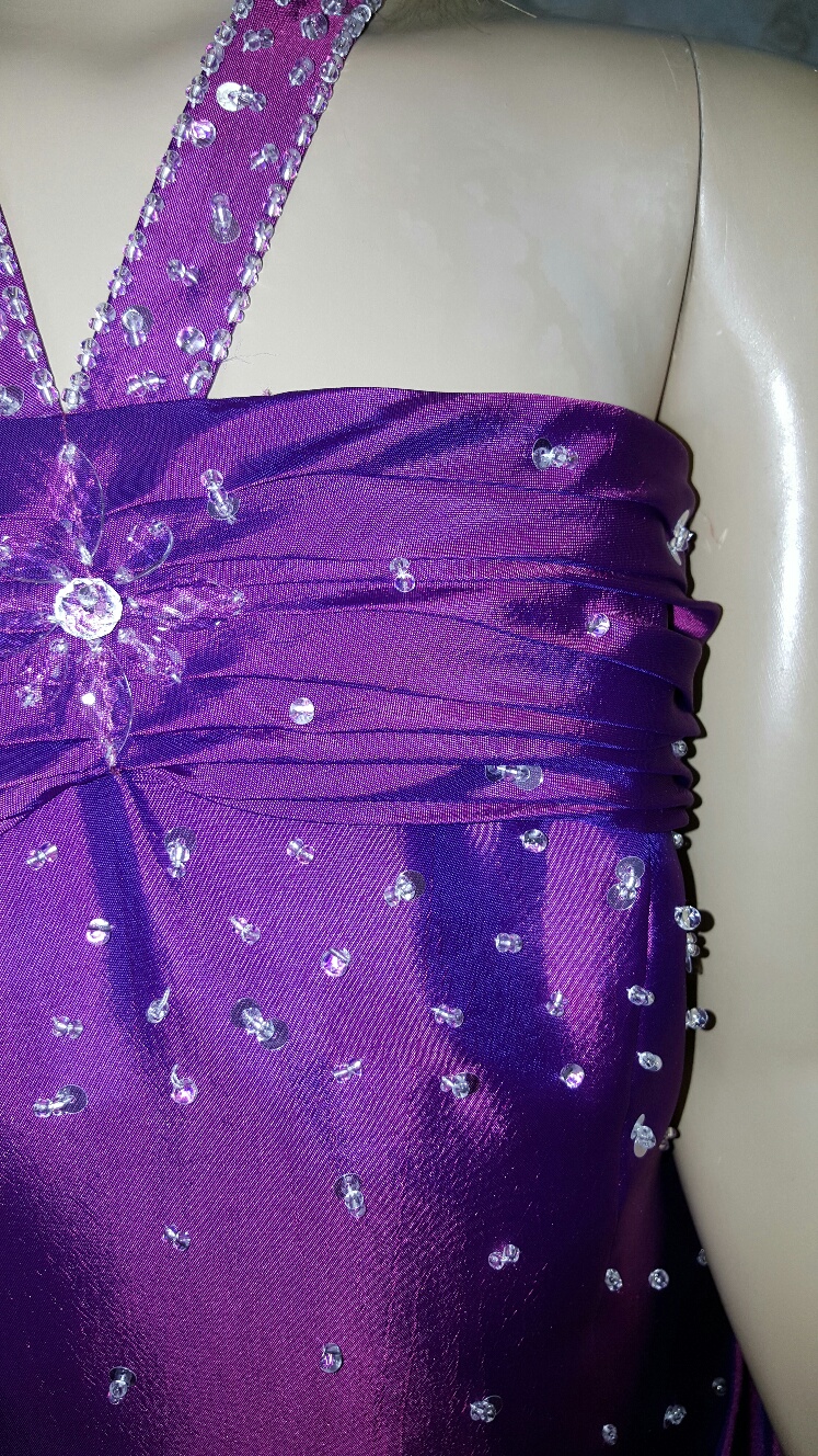 long purple dress with pickup skirt