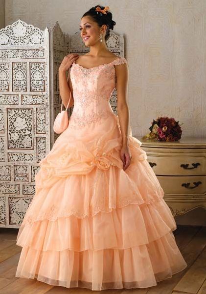 peach off the shoulder prom dress