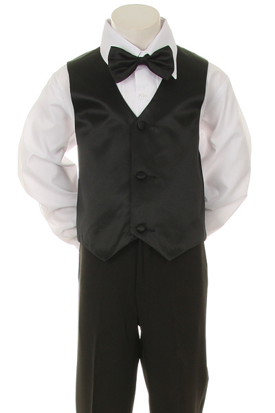 wing tip collar pleated shirt, 3-button vest, pull up pants, and clip on bow tie.