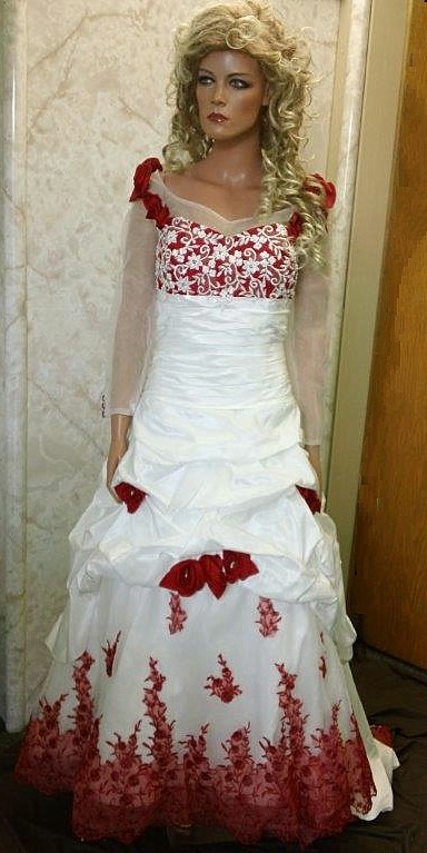 light ivory wedding gown with red roses