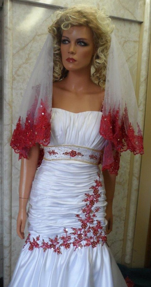 White and red wedding dress with red applique veil