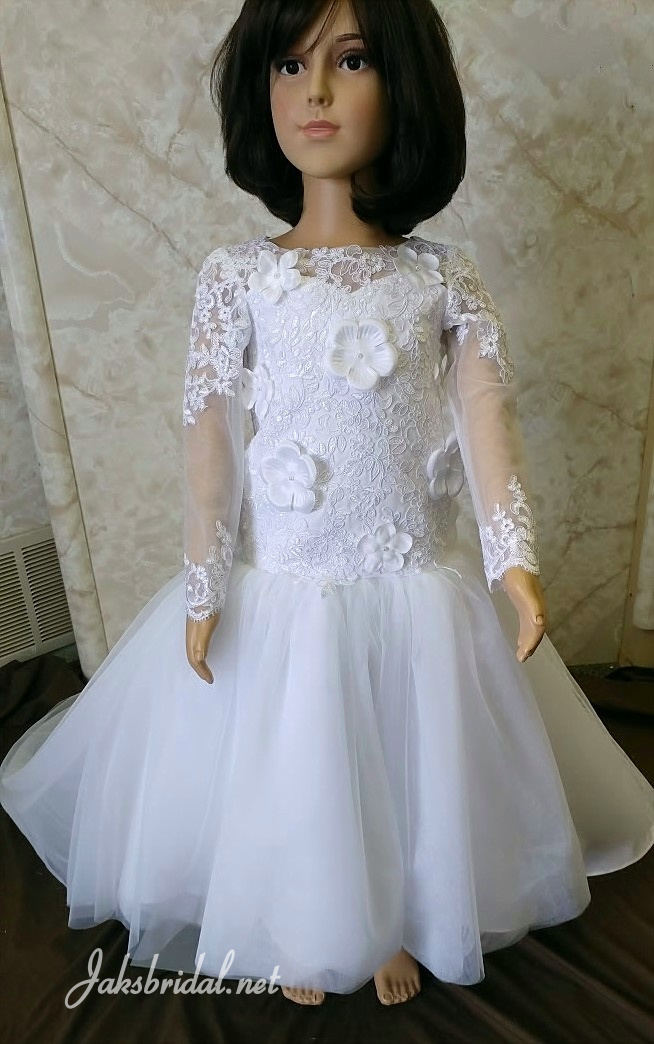 Floral long sleeve lace flower girl dress.  We design long Sleeve Flower Girl Dresses to match your bridal gown.