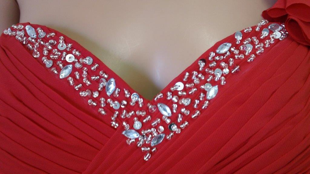 red bridesmaid dress with silver beading