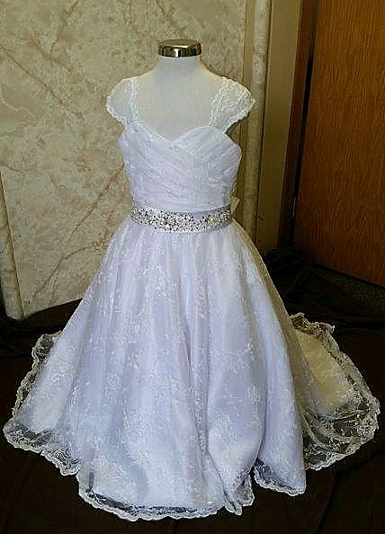 white lace flower girl dress with beaded sash