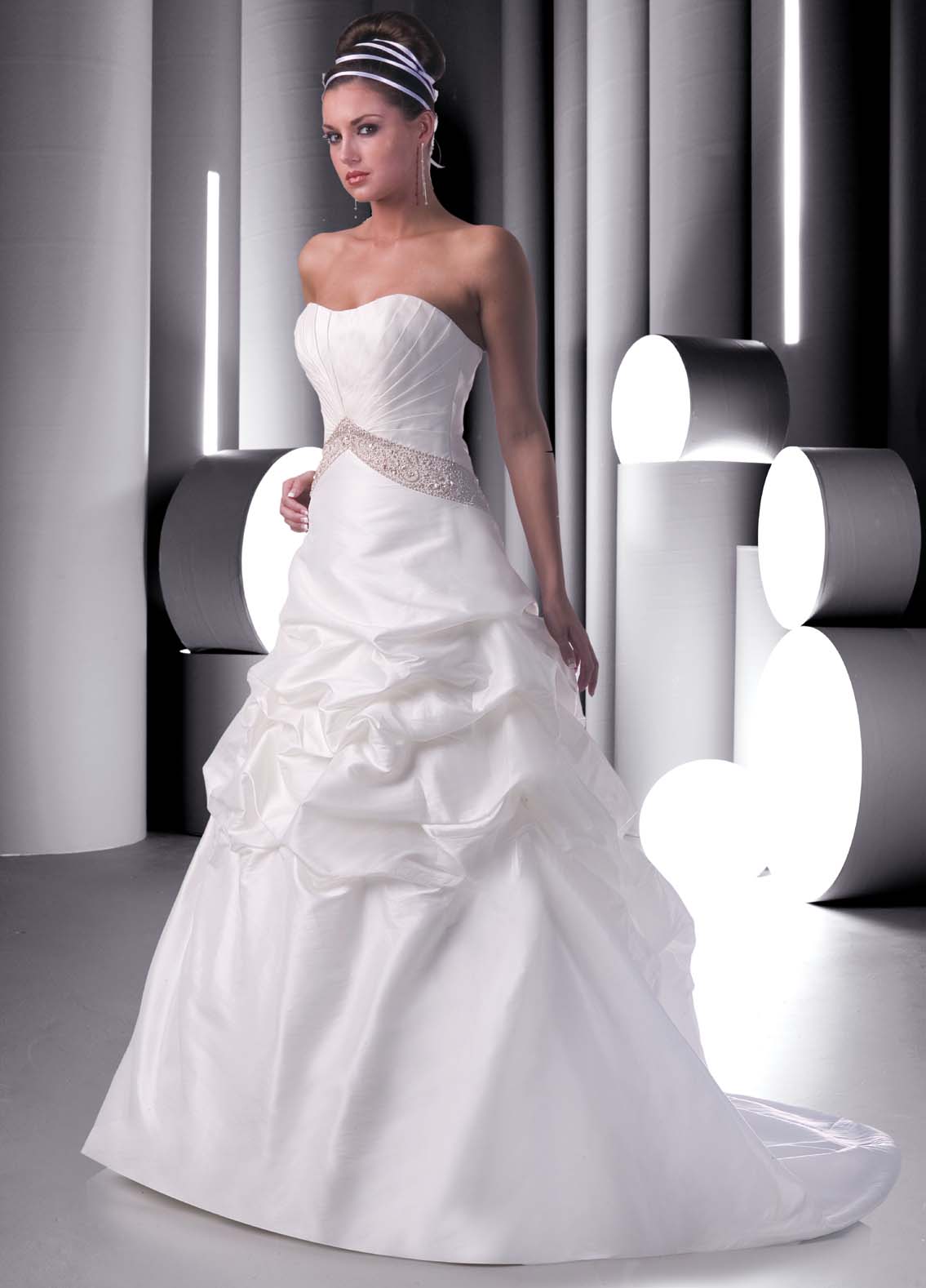 wedding dress with asymmetrical pleated bodice