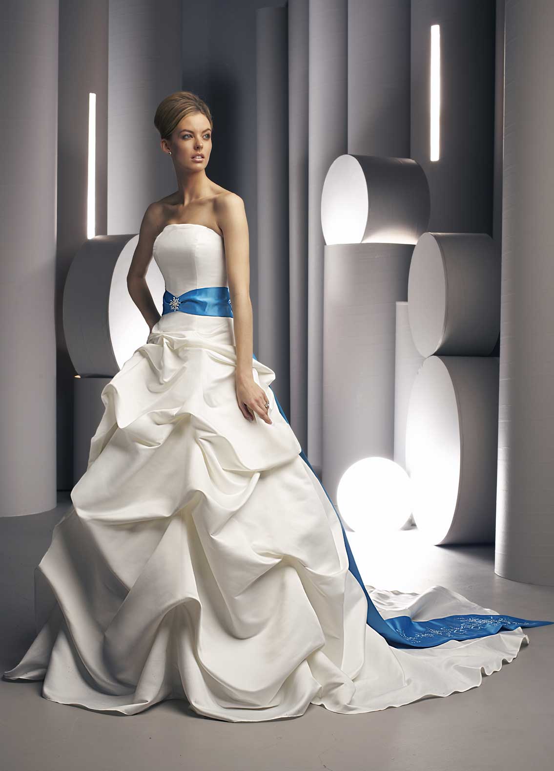 White Wedding Gown with blue sash