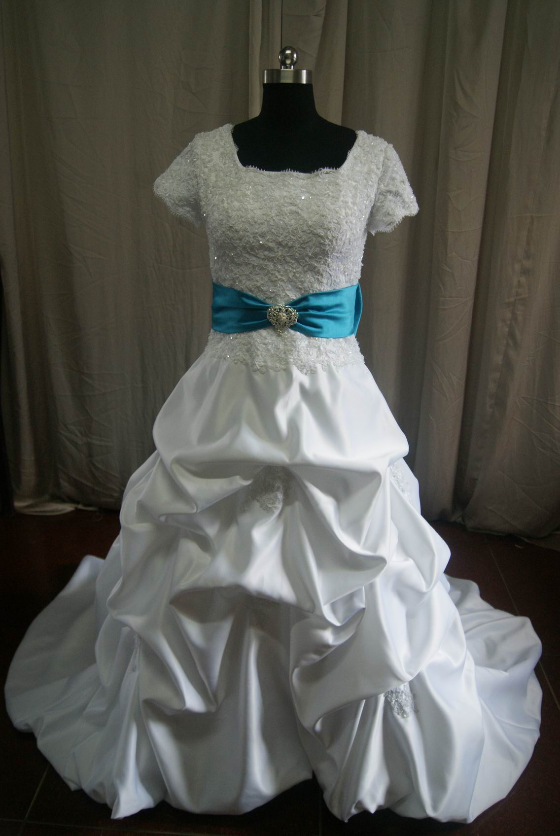 White Satin and Lace Pick Up Drop Waist Wedding Gown