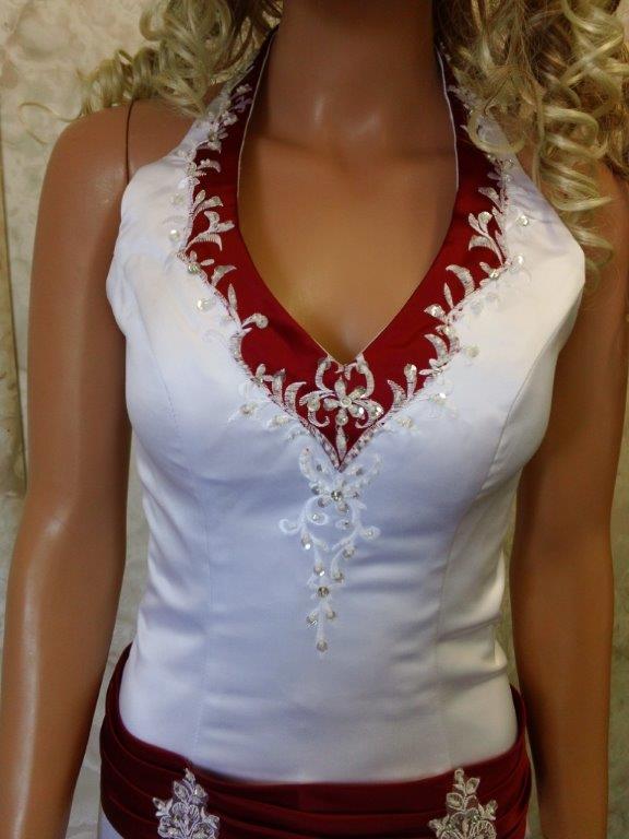 White and red dropped waist halter wedding dress