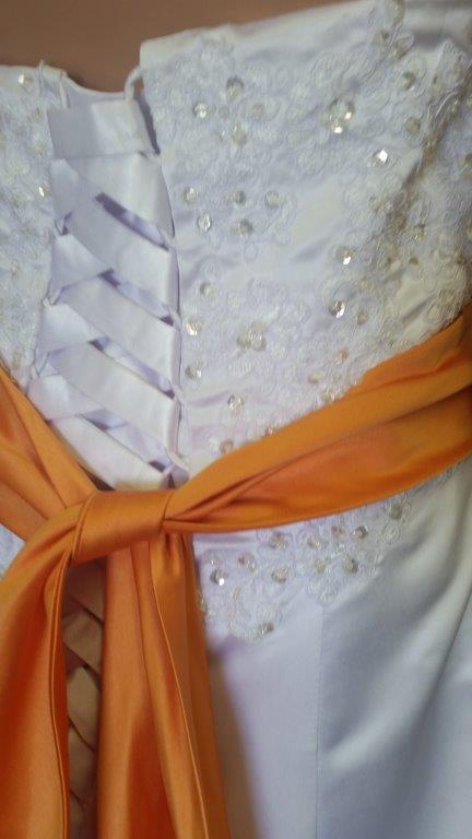 white tangerine wedding dress