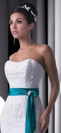 Lace Mermaid Wedding gown with turquoise sash
