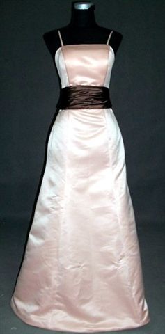 Long sheath dress in sweet pea pink with chocolate sash
