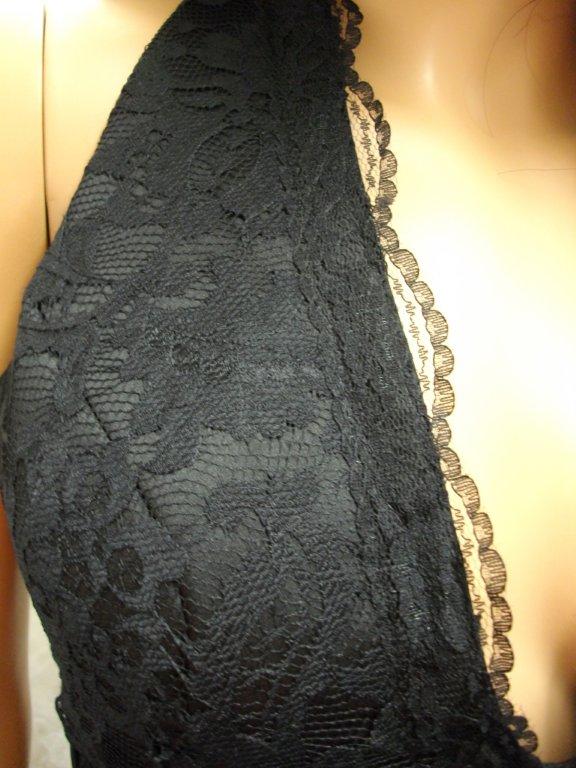 Black satin and lace scalloped bodice bridesmaid dress