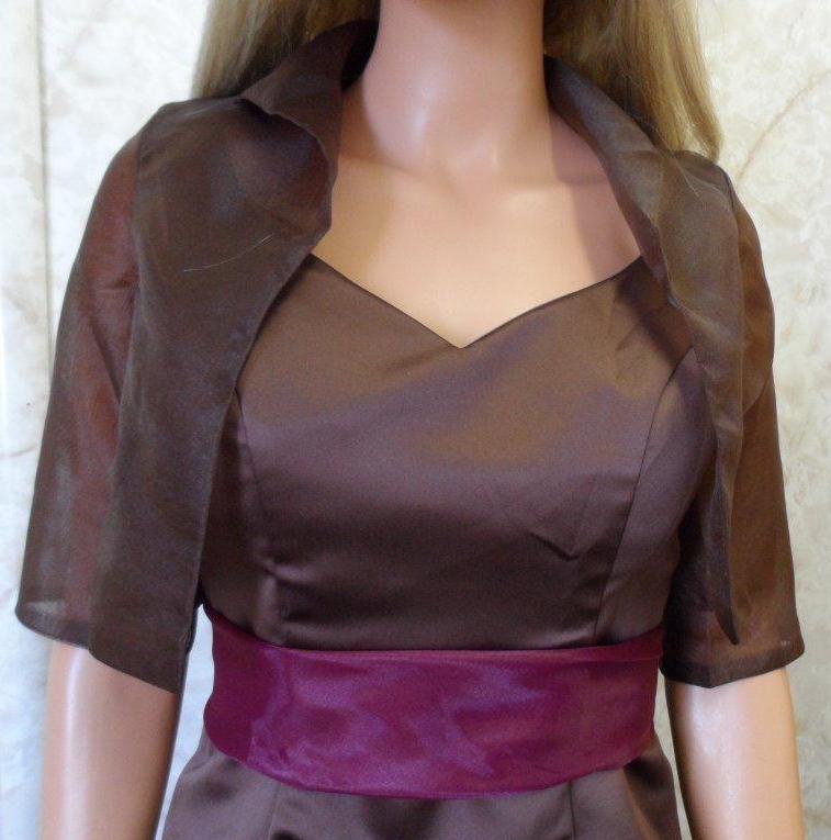 Brown dress and jacket with organza merlot sash