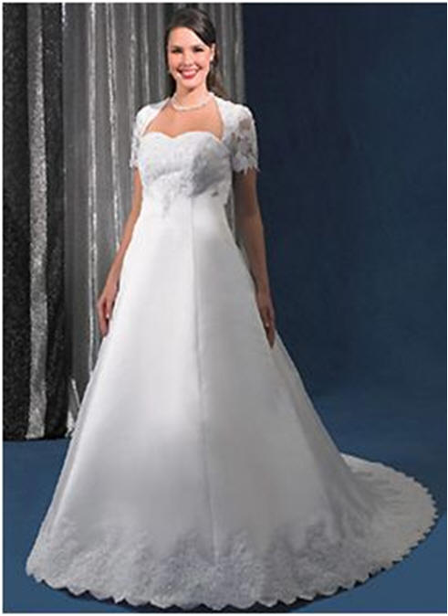 white satin wedding gown with lace jacket