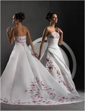 white wedding gown with red embroidery