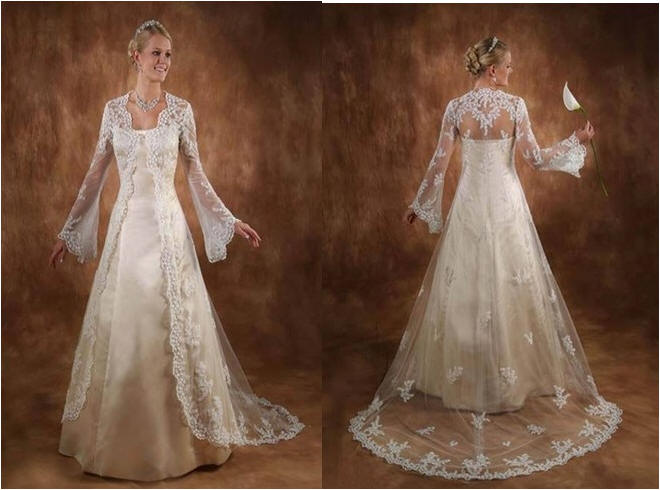 wedding gown with lace jacket train