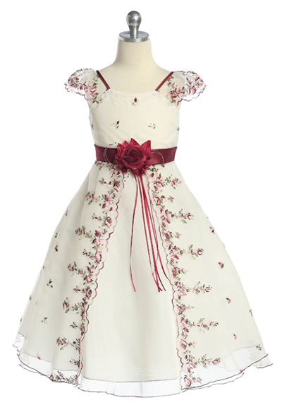 T-length ivory & burgundy organza lace holiday dresses with sheer short sleeves, and zipper back.  