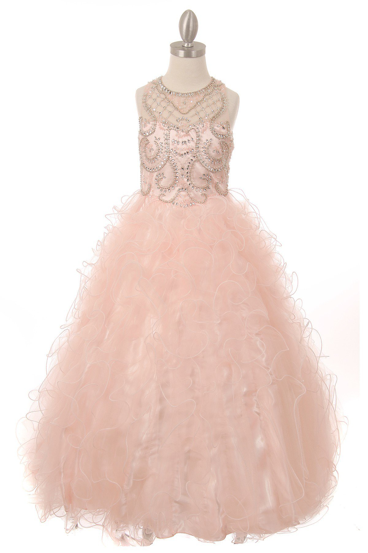 blush pageant gown with beaded illusion neckline and tulle ruffle skirt 