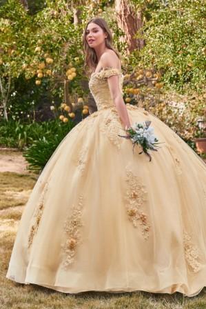 champagne floral off shoulder ball gown