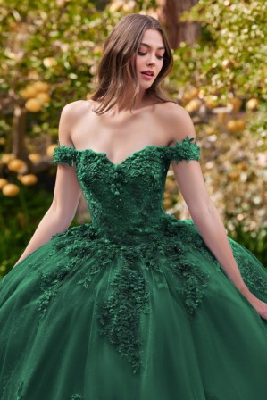 green floral off shoulder ball gown