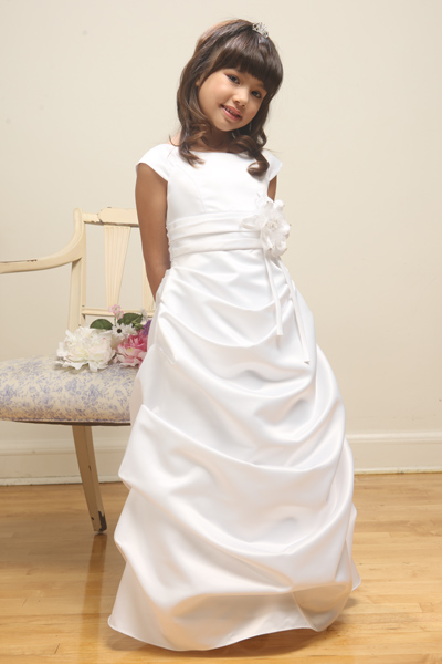 long satin girls pageant dress with cap sleeves