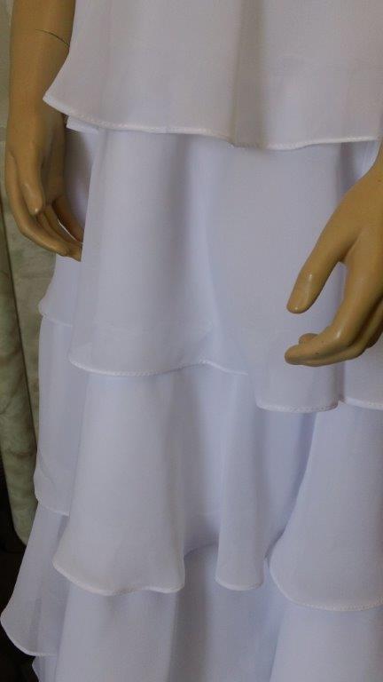White Chiffon tiered flower girl dress with navy sash