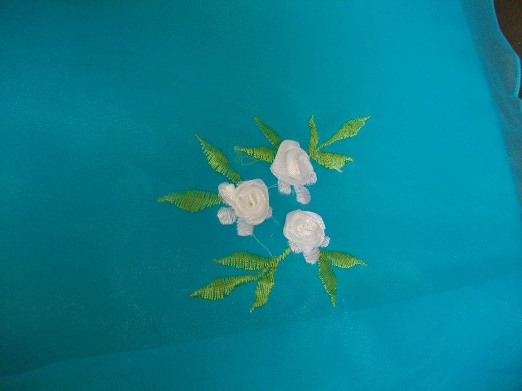 tiffany blue with white flowers, and green leaves