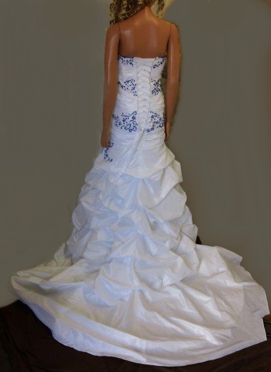 white and blue strapless pickup wedding gown