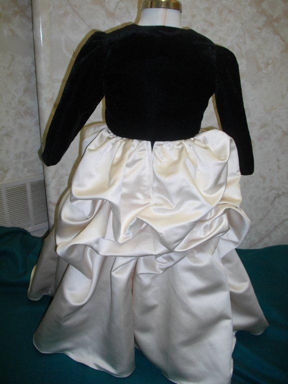 champagne ruched dress with black velvet bodice and matching 3/4 sleeve jacket