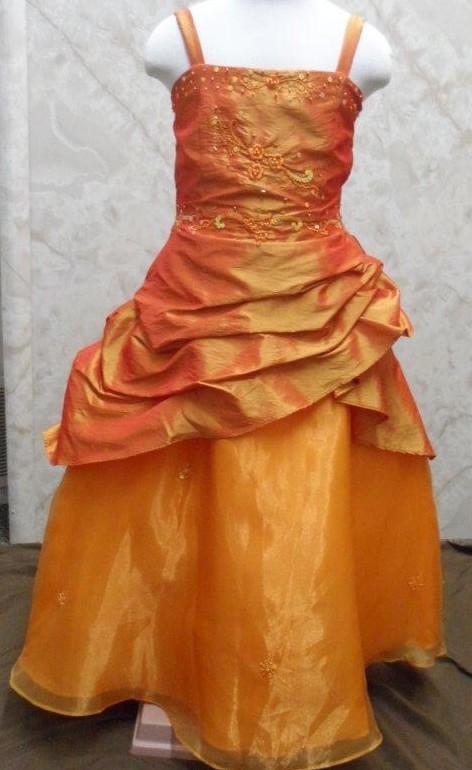 orange hi low flower girl dresses with fancy pickup skirt