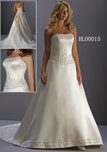 strapless satin a-line wedding gown with beaded applique