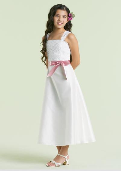 girls white tea length dress with pink sash