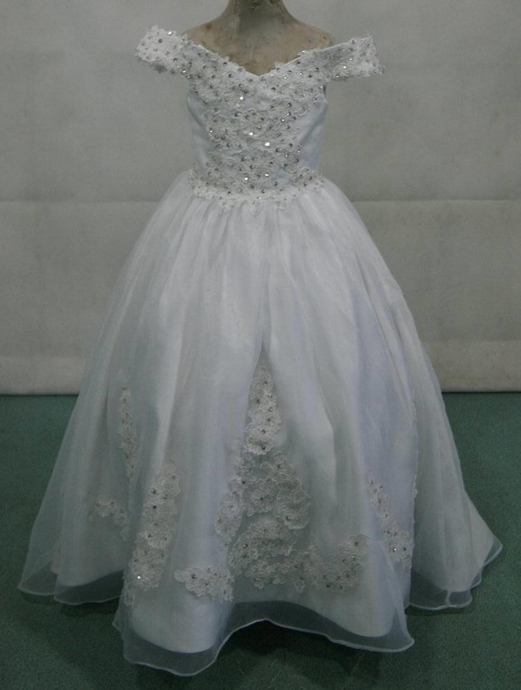 white off the shoulder pageant gown with silver beading