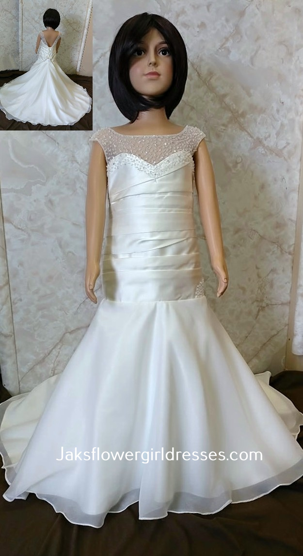 Little sheer neck flower girl dress with pleated dropped waistline, low v-back, and beautiful train