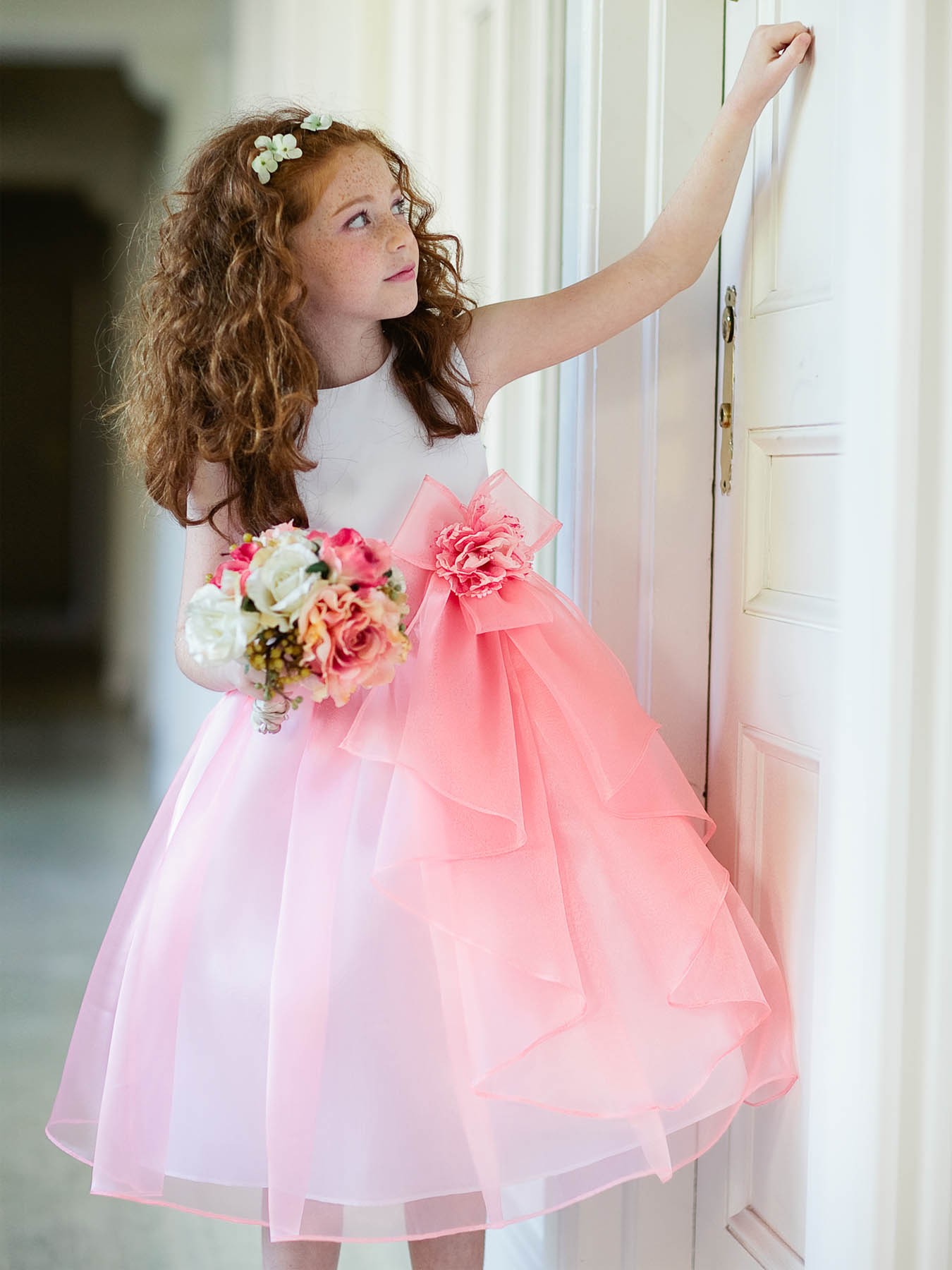 coral and white flower girl dress
